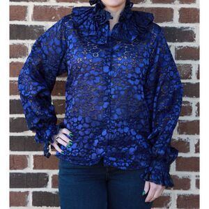 Vintage Rizkallah Malcolm Starr Blue Floral Collared Button Front Blouse Size 10